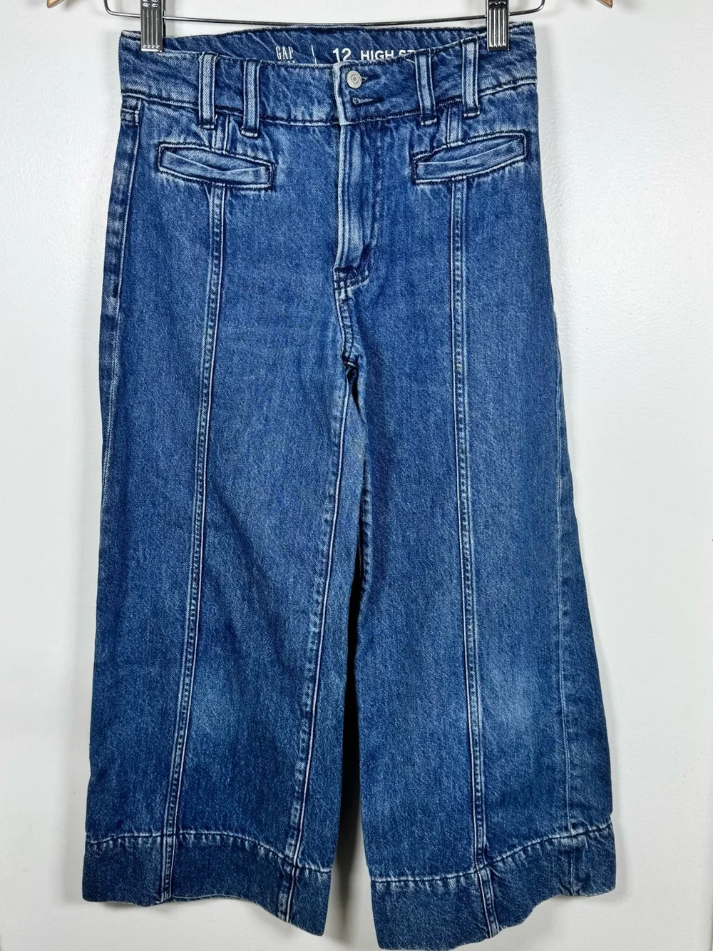 Gap Girls High Rise Stride Wide Leg Ankle Denim Jeans Size 12 Medium Wash Preppy
